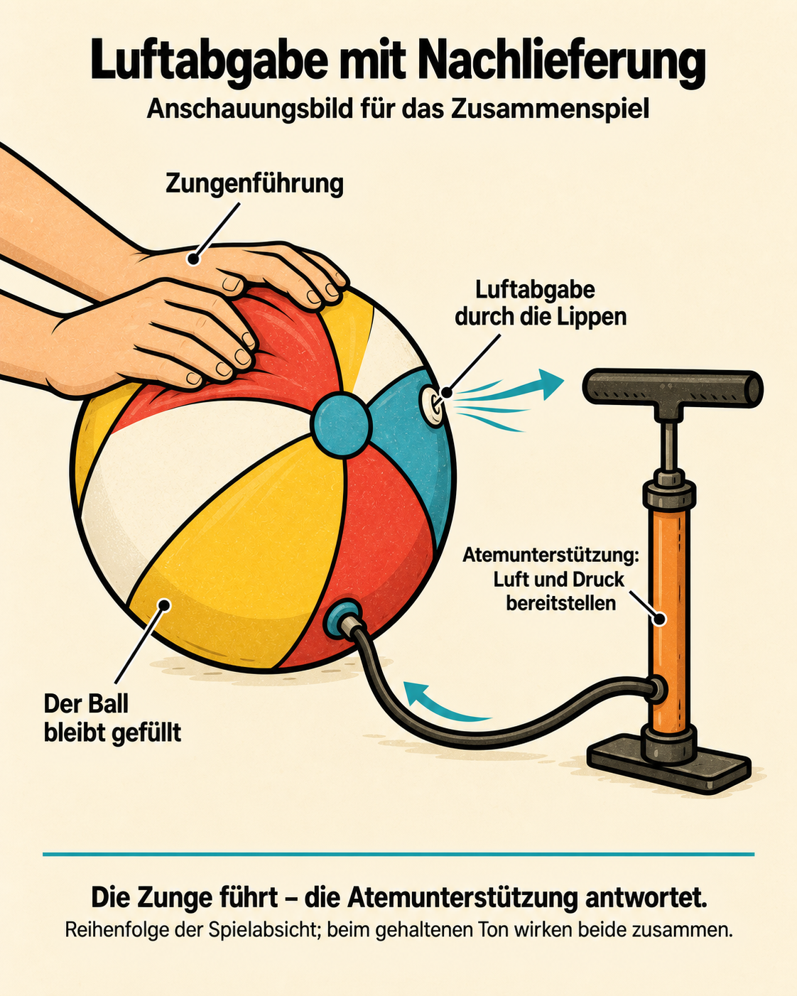 Abbildung 2: Luftabgabe mit Nachlieferung. Die Zunge führt – die Atemunterstützung antwortet.